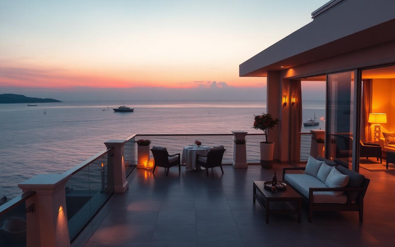 Sea-facing hotel terrace at dusk — Hotel Sonar Bangla hospitality project